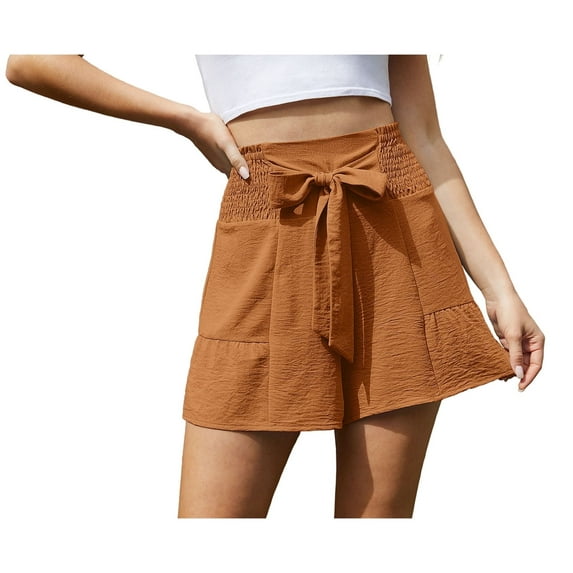 Asklazy Women's Casual Wide Leg Shorts Without Pockets High Waisted Tie Knot Ruffle Summer Shorts ,US Size,Light CoffeeXL