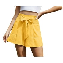 Asklazy Women's Casual Wide Leg Shorts Without Pockets High Waisted Tie Knot Ruffle Summer Shorts ,US Size,Light Yellow，L