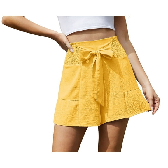 Asklazy Women's Casual Wide Leg Shorts Without Pockets High Waisted Tie Knot Ruffle Summer Shorts ,US Size,Light YellowXXL