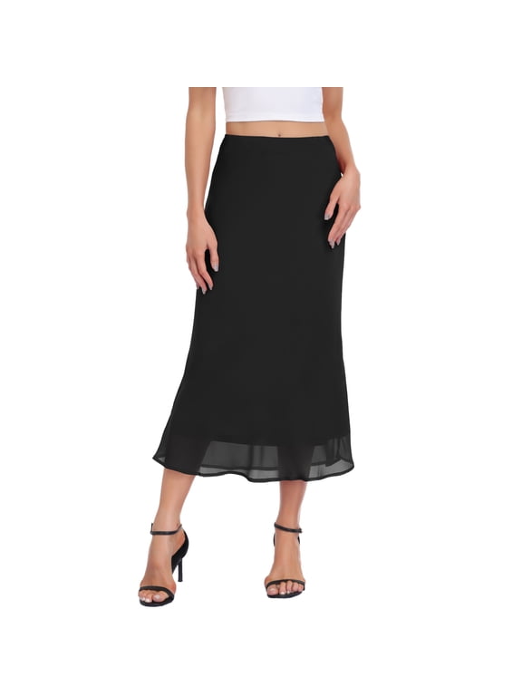 Women’s Chiffon A-Line Maxi Skirt High Waisted Flowy Long Skirt Elastic Waist Business Casual Elegant Skirt for Work Office Daily Wear Summer,Black,L