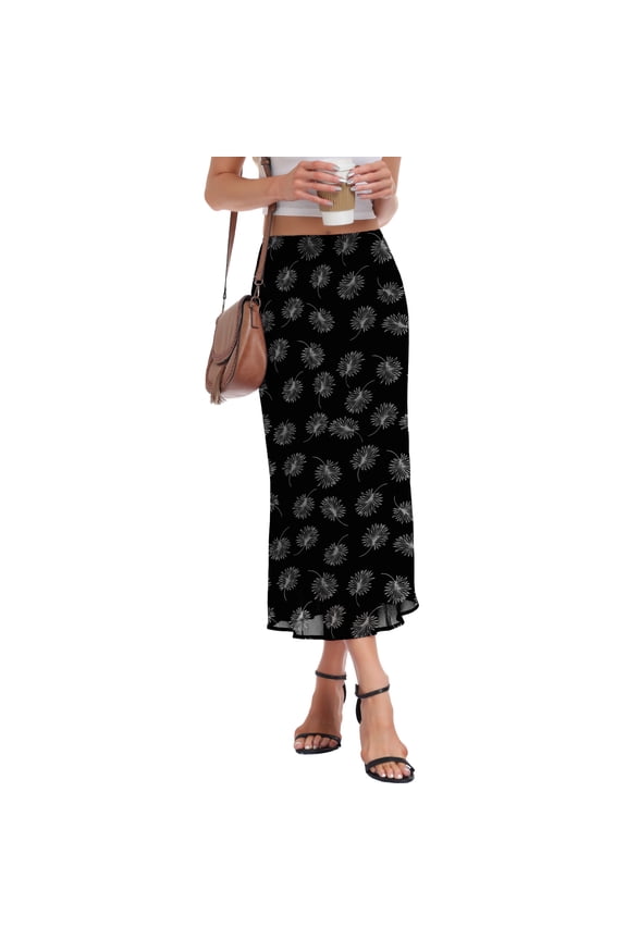 Women’s Chiffon A-Line Maxi Skirt High Waisted Flowy Long Skirt Elastic Waist Business Casual Elegant Skirt for Work Office Daily Wear Summer,Black leave,L