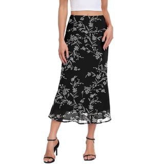 Asklazy Women’s Chiffon A-Line Maxi Skirt High Waisted Flowy Long Skirt Elastic Waist Business Casual Elegant Skirt for Work Office Daily Wear Summer,Black leave,L