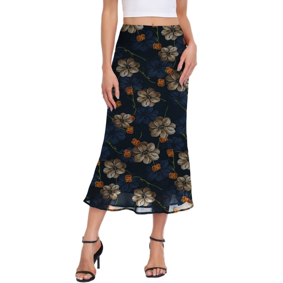 Asklazy Women’s Chiffon A-Line Maxi Skirt High Waisted Flowy Long Skirt Elastic Waist Business Casual Elegant Skirt for Work Office Daily Wear Summer,Navy Blue Peony,L