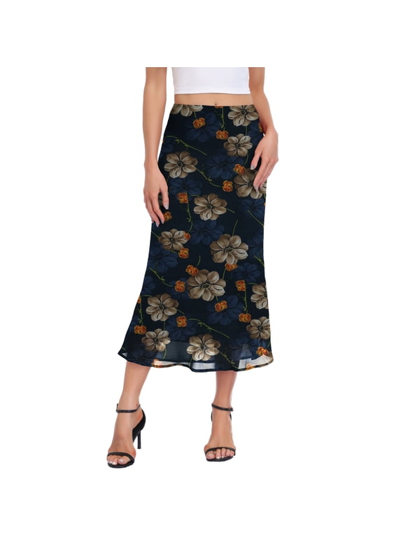 Women’s Chiffon A-Line Maxi Skirt High Waisted Flowy Long Skirt Elastic Waist Business Casual Elegant Skirt for Work Office Daily Wear Summer,Navy Blue Peony,L