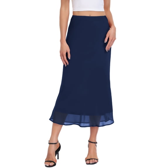 Asklazy Women’s Chiffon A-Line Maxi Skirt High Waisted Flowy Long Skirt Elastic Waist Business Casual Elegant Skirt for Work Office Daily Wear Summer,Navy Blue,XL