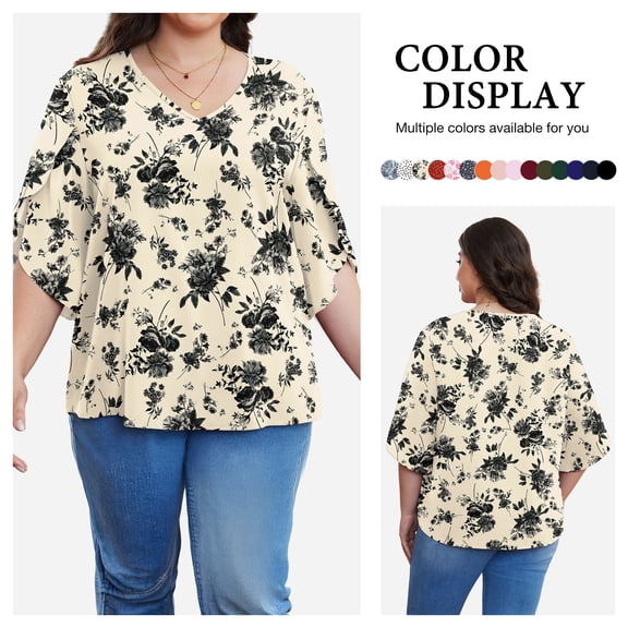 Asklazy Plus Size Women's Fall Casual 3/4 Ruffled Sleeve Chiffon Blouse Tops for Women,US Size,2XL,Floral White