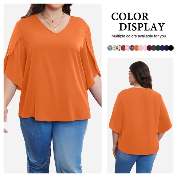 Asklazy Plus Size Women's Fall Casual 3/4 Ruffled Sleeve Chiffon Blouse Tops for Women,US Size,2XL,Orange