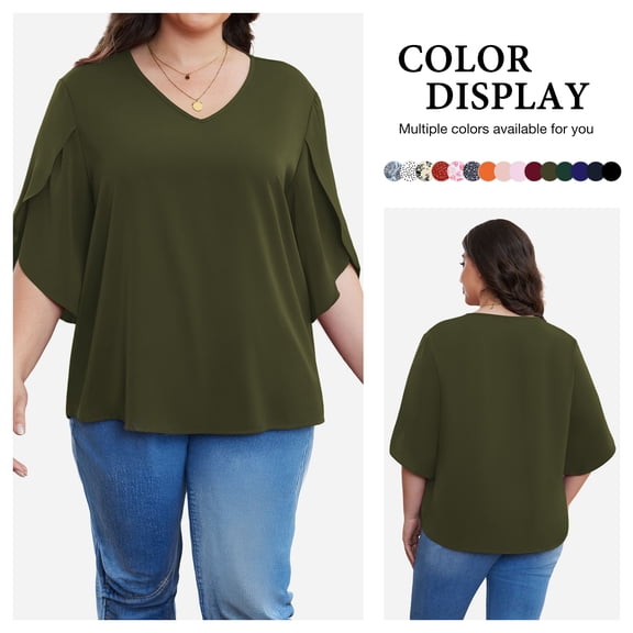 Asklazy Plus Size Women's Fall Casual 3/4 Ruffled Sleeve Chiffon Blouse Tops for Women,US Size,Amy Green,2XL