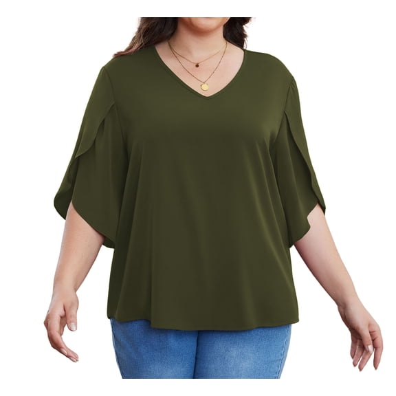 Asklazy Plus Size Women's Fall Casual 3/4 Ruffled Sleeve Chiffon Blouse Tops for Women,US Size,Amy Green,2XL