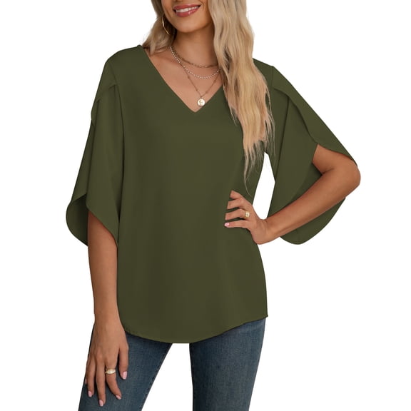 Asklazy Women's Fall Casual 3/4 Ruffled Sleeve Chiffon Blouse Tops for Women,US Size,Amy Green,M