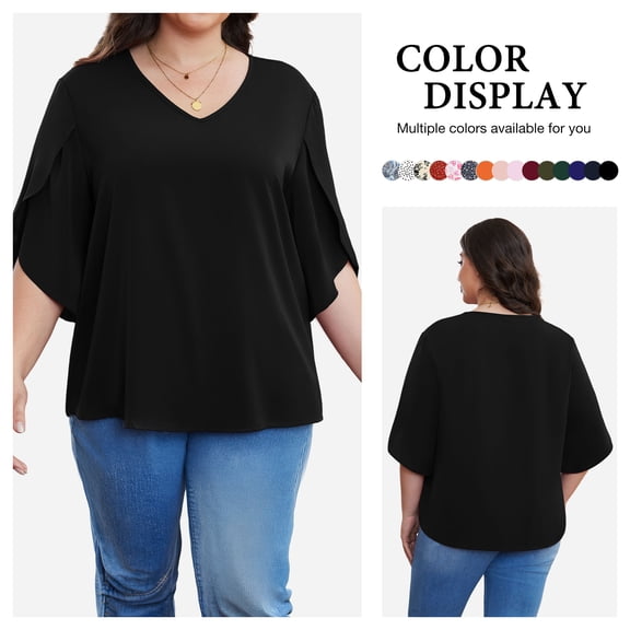 Asklazy Plus Size Women's Fall Casual 3/4 Ruffled Sleeve Chiffon Blouse Tops for Women,US Size,Black,2XL