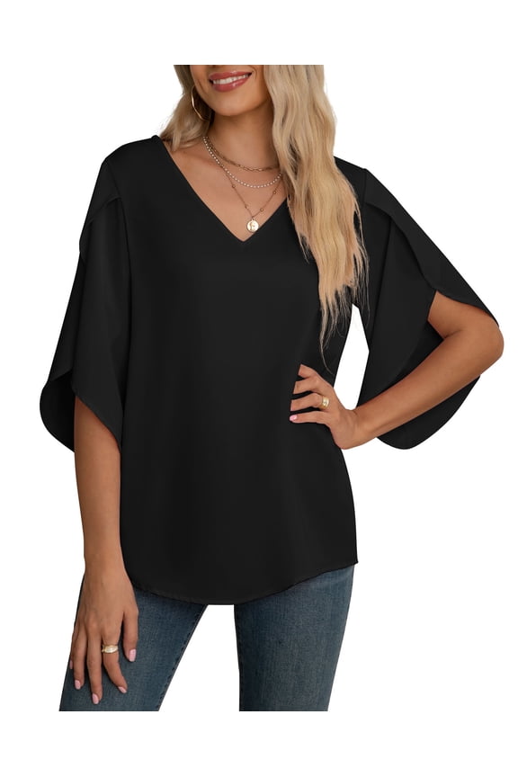 Women's Fall Casual 3/4 Ruffled Sleeve Chiffon Blouse Tops for Women,Mother's Day,Black,L