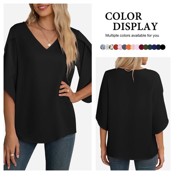 Asklazy Women's Fall Casual 3/4 Ruffled Sleeve Chiffon Blouse Tops for Women,US Size,Black,S