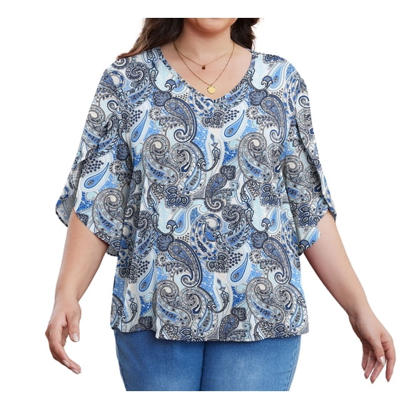 Asklazy Plus Size Women's Fall Casual 3/4 Ruffled Sleeve Chiffon Blouse Tops for Women,Mother's Day,Cashew Blue,2XL