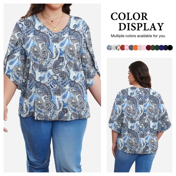 Asklazy Plus Size Women's Fall Casual 3/4 Ruffled Sleeve Chiffon Blouse Tops for Women,US Size,Cashew Blue,2XL