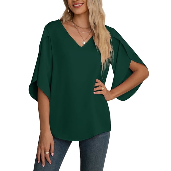 Asklazy Women's Fall Casual 3/4 Ruffled Sleeve Chiffon Blouse Tops for Women,US Size,L,Dark Green