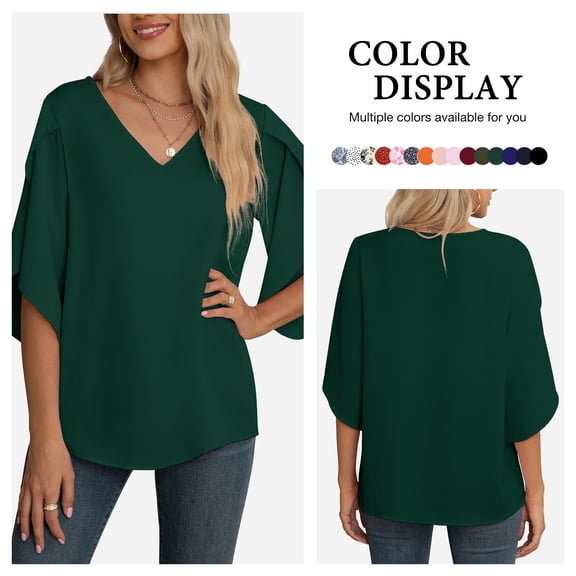Asklazy Women's Fall Casual 3/4 Ruffled Sleeve Chiffon Blouse Tops for Women,US Size,L,Dark Green