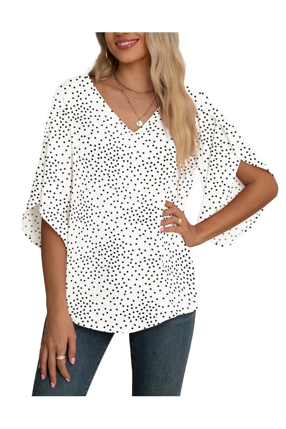 Women's Fall Casual 3/4 Ruffled Sleeve Chiffon Blouse Tops for Women,Mother's Day,L,White Dot