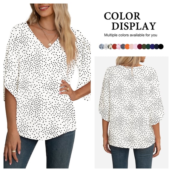 Asklazy Women's Fall Casual 3/4 Ruffled Sleeve Chiffon Blouse Tops for Women,US Size,L,White Dot