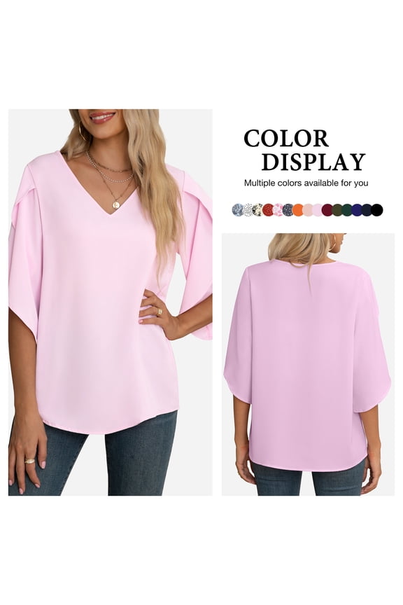 Women's Fall Casual 3/4 Ruffled Sleeve Chiffon Blouse Tops for Women,valentine's day,Light Pink,M
