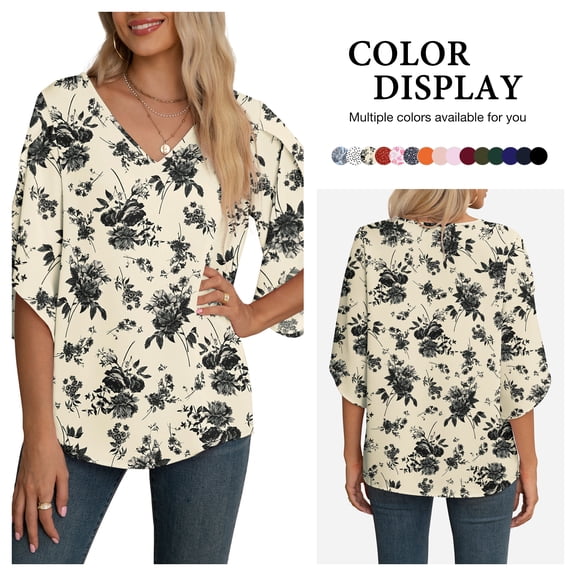 Asklazy Women's Fall Casual 3/4 Ruffled Sleeve Chiffon Blouse Tops for Women,US Size,M,Floral White