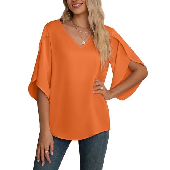 Asklazy Women's Fall Casual 3/4 Ruffled Sleeve Chiffon Blouse Tops for Women,US Size,M,Orange