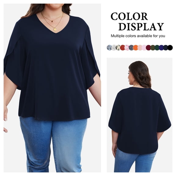 Asklazy Plus Size Women's Fall Casual 3/4 Ruffled Sleeve Chiffon Blouse Tops for Women,US Size,Navy Blue,2XL