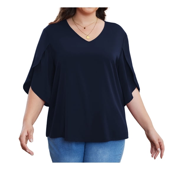 Asklazy Plus Size Women's Fall Casual 3/4 Ruffled Sleeve Chiffon Blouse Tops for Women,US Size,Navy Blue,2XL