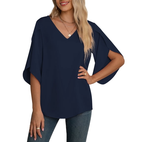 Asklazy Women's Fall Casual 3/4 Ruffled Sleeve Chiffon Blouse Tops for Women,US Size,Navy Blue,L