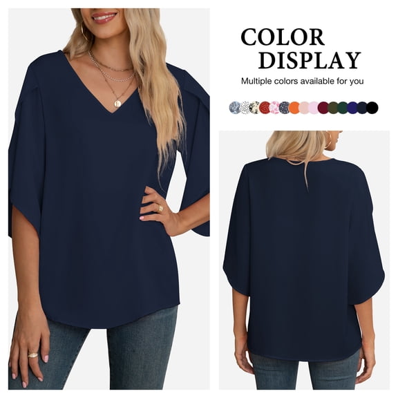 Asklazy Women's Fall Casual 3/4 Ruffled Sleeve Chiffon Blouse Tops for Women,US Size,Navy Blue,S