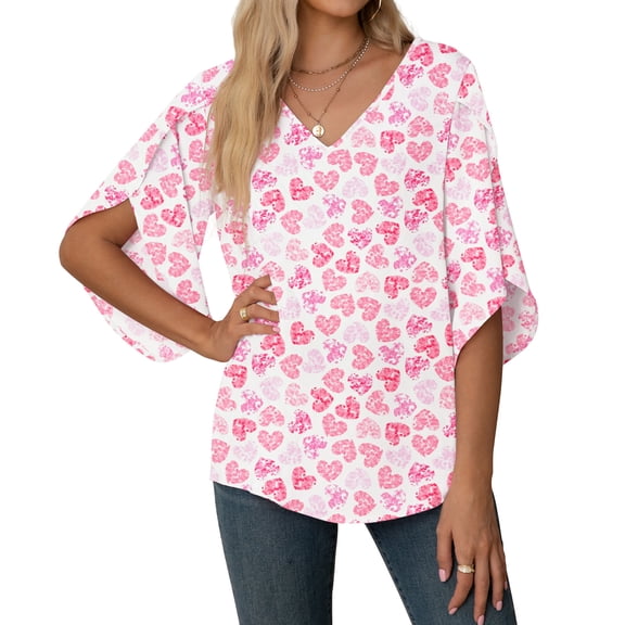 Asklazy Women's Fall Casual 3/4 Ruffled Sleeve Chiffon Blouse Tops for Women,valentine's day,Pink Heart,XL