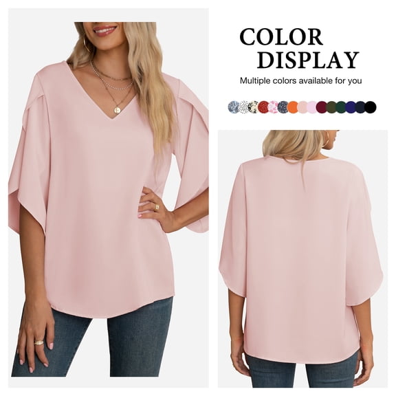 Asklazy Women's Fall Casual 3/4 Ruffled Sleeve Chiffon Blouse Tops for Women,valentine's day,Pink,L