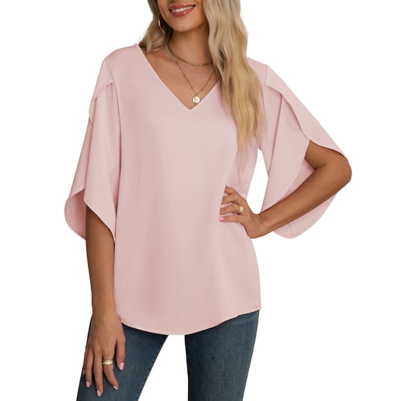 Asklazy Women's Fall Casual 3/4 Ruffled Sleeve Chiffon Blouse Tops for Women,valentine's day,Pink,L