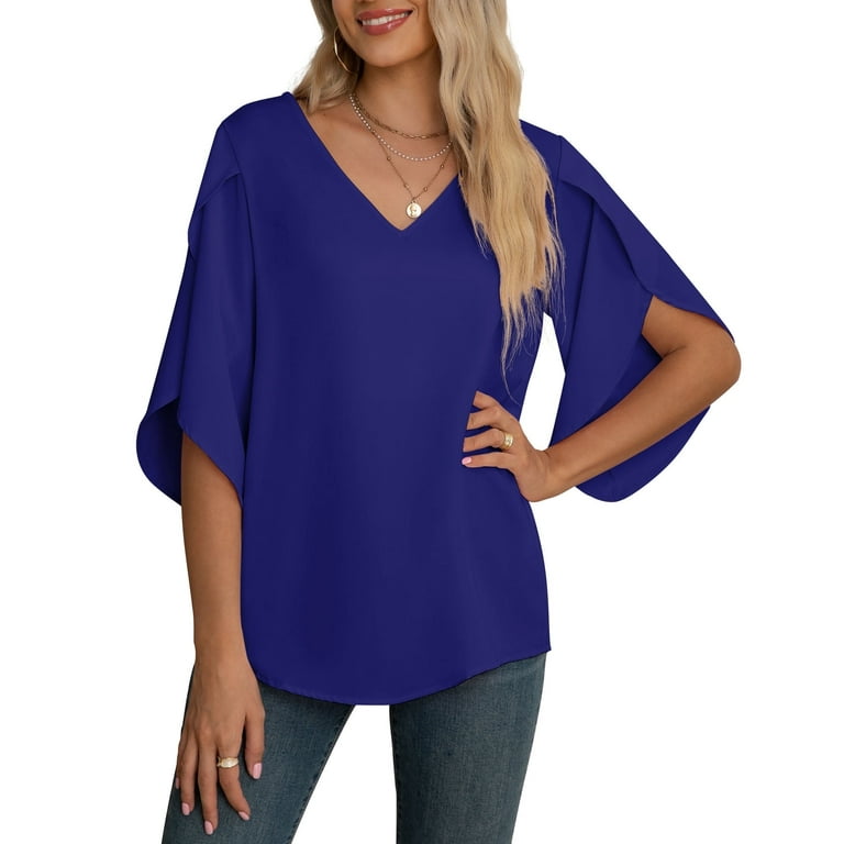 Asklazy Women s Fall Casual 3 4 Ruffled Sleeve Chiffon Blouse Tops for Women US Size Royal Blue S