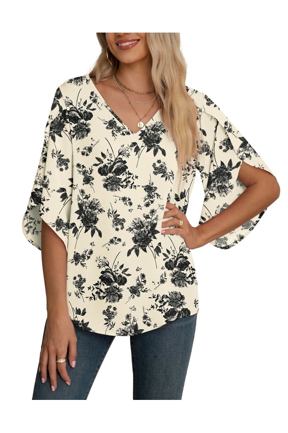 Women's Fall Casual 3/4 Ruffled Sleeve Chiffon Blouse Tops for Women,Mother's Day,S,Floral White