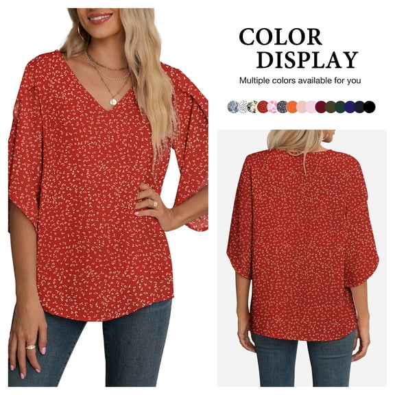Asklazy Women's Fall Casual 3/4 Ruffled Sleeve Chiffon Blouse Tops for Women,US Size,S,Flower Wine Red