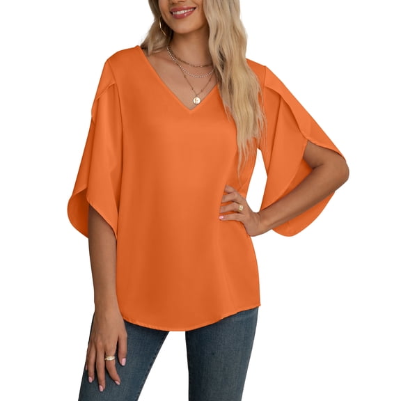 Asklazy Women's Fall Casual 3/4 Ruffled Sleeve Chiffon Blouse Tops for Women,US Size,S,Orange