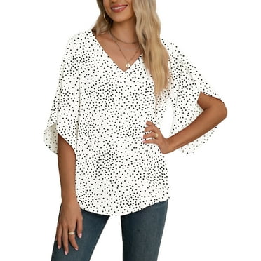 Asklazy Women's Fall Casual 3/4 Ruffled Sleeve Chiffon Blouse Tops for Women,US Size,S,White Dot