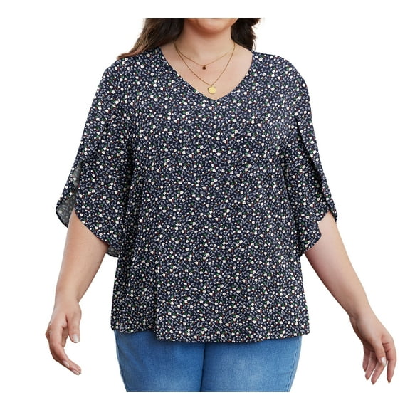 Asklazy Plus Size Women's Fall Casual 3/4 Ruffled Sleeve Chiffon Blouse Tops for Women,US Size,SX F Navy Blue,2XL