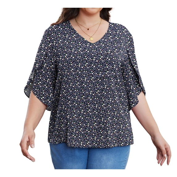 Asklazy Plus Size Women's Fall Casual 3/4 Ruffled Sleeve Chiffon Blouse Tops for Women,Mother's Day,SX F Navy Blue,2XL