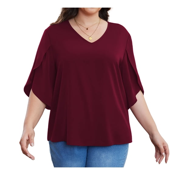 Asklazy Plus Size Women's Fall Casual 3/4 Ruffled Sleeve Chiffon Blouse Tops for Women,US Size,Wine Red,2XL