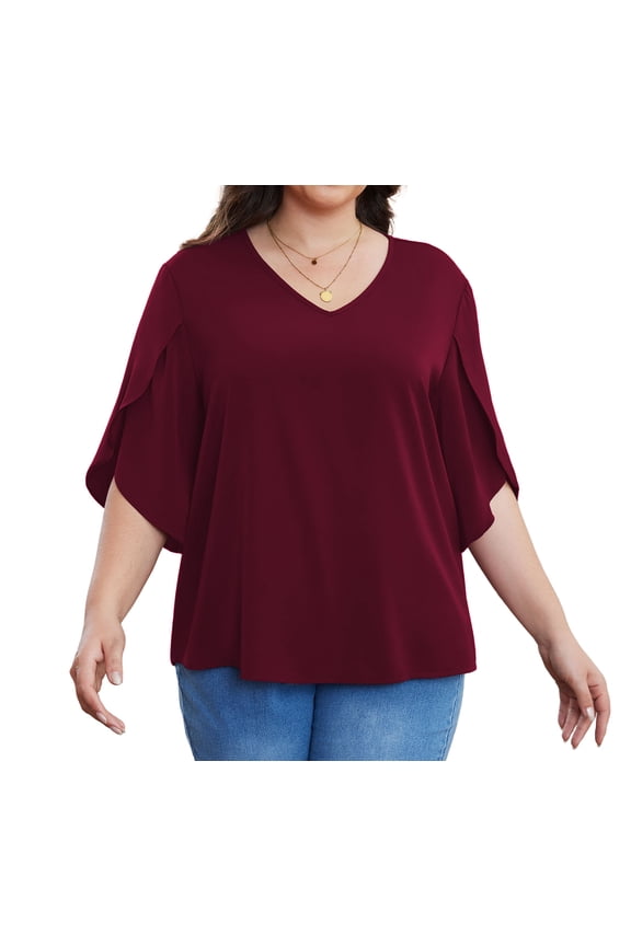 Plus Size Women's Fall Casual 3/4 Ruffled Sleeve Chiffon Blouse Tops for Women,Mother's Day,Wine Red,2XL