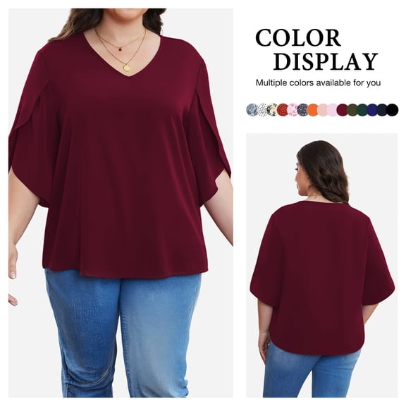 Asklazy Plus Size Women's Fall Casual 3/4 Ruffled Sleeve Chiffon Blouse Tops for Women,US Size,Wine Red,2XL