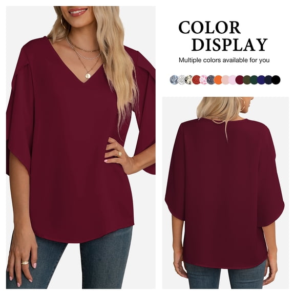 Asklazy Women's Fall Casual 3/4 Ruffled Sleeve Chiffon Blouse Tops for Women,US Size,Wine Red,M