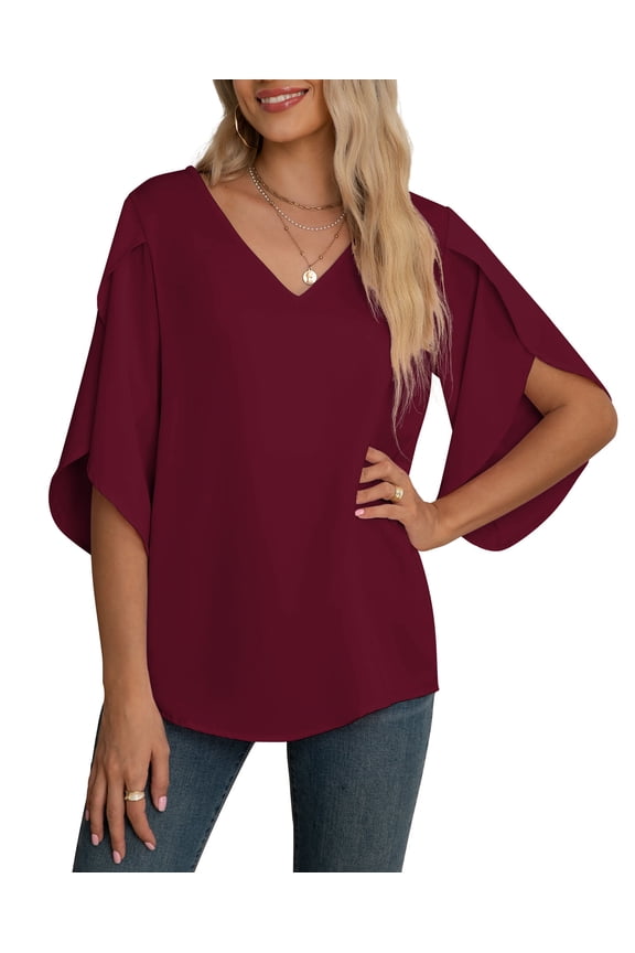 Women's Fall Casual 3/4 Ruffled Sleeve Chiffon Blouse Tops for Women,US Size,Wine Red,XL