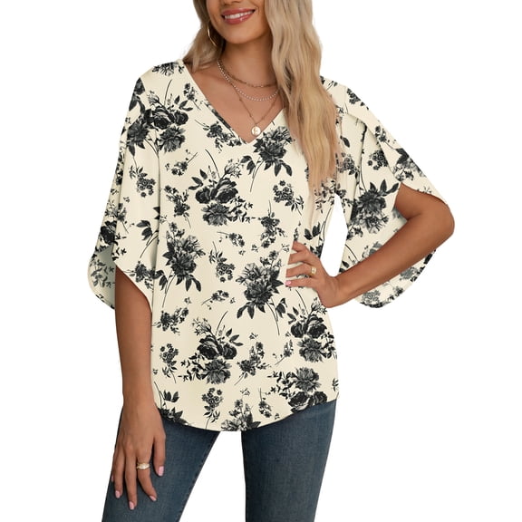 Asklazy Women's Fall Casual 3/4 Ruffled Sleeve Chiffon Blouse Tops for Women,US Size,XL,Floral White