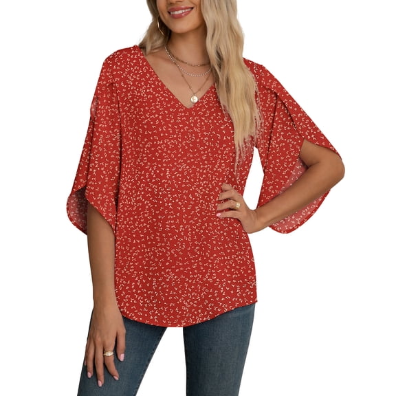 Asklazy Women's Fall Casual 3/4 Ruffled Sleeve Chiffon Blouse Tops for Women,US Size,XL,Flower Wine Red