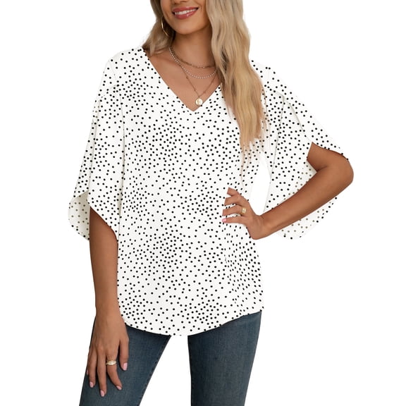 Asklazy Women's Fall Casual 3/4 Ruffled Sleeve Chiffon Blouse Tops for Women,Mother's Day,XL,White Dot