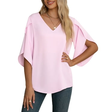 Asklazy Women's Fall Casual 3/4 Ruffled Sleeve Chiffon Blouse Tops for Women，（S-2XL)