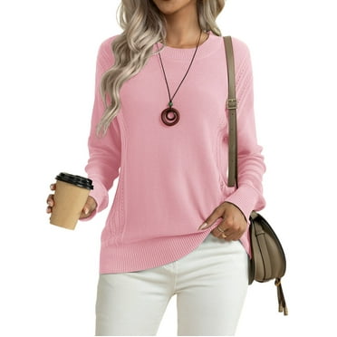 Asklazy Women's Fall Soft Crewneck Long Sleeve Hollow Cable Knit Pullover Sweaters,US Size,2XL,Light Pink